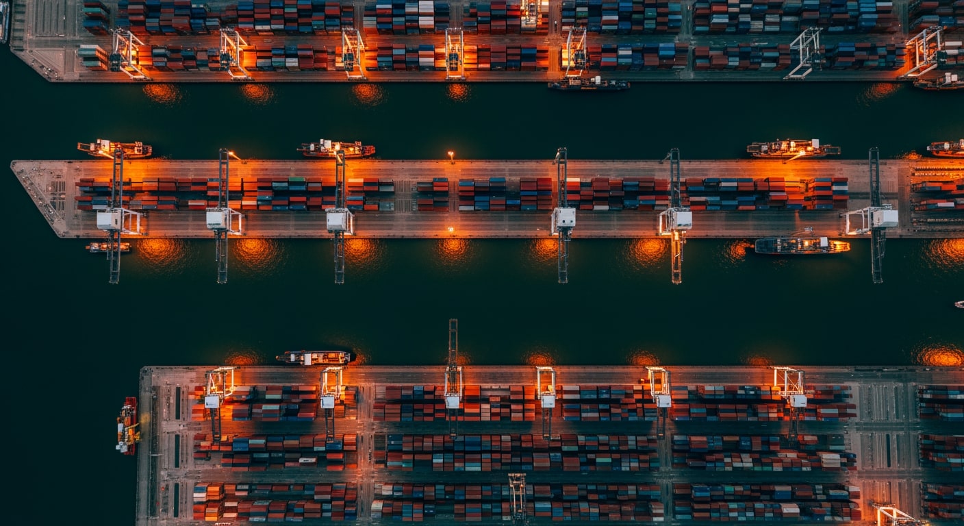 A close aerial view of Rotterdam's vast container port in late evening light — rows of stacked containers and the web of