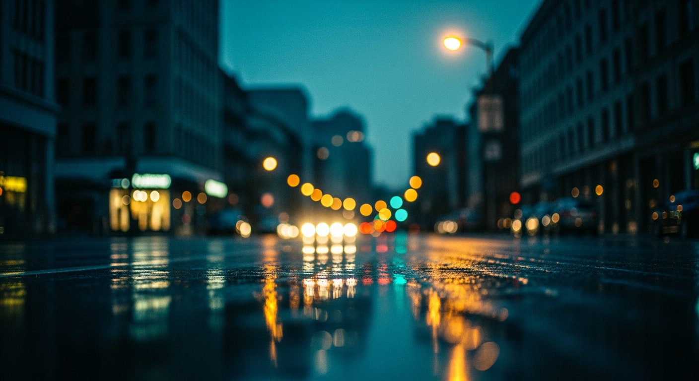 A solitary streetlamp casting light on a wet asphalt street at night, with distant, blurred urban buildings.