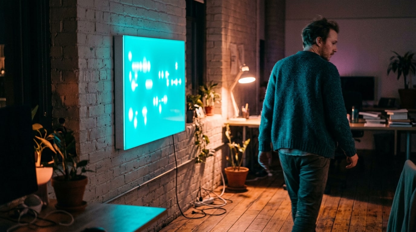 An automated message-flow board glowing cyan against a wall in a lived-in open-plan office at night, warm lamp pools on 