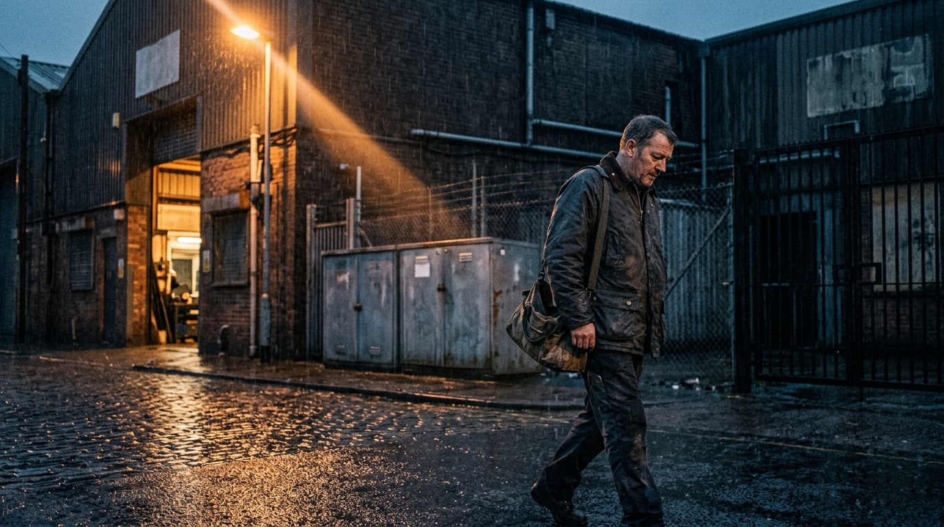 A mid-shot of a rain-slicked industrial street at night, with a powerful, warm light beam reflecting off the wet asphalt