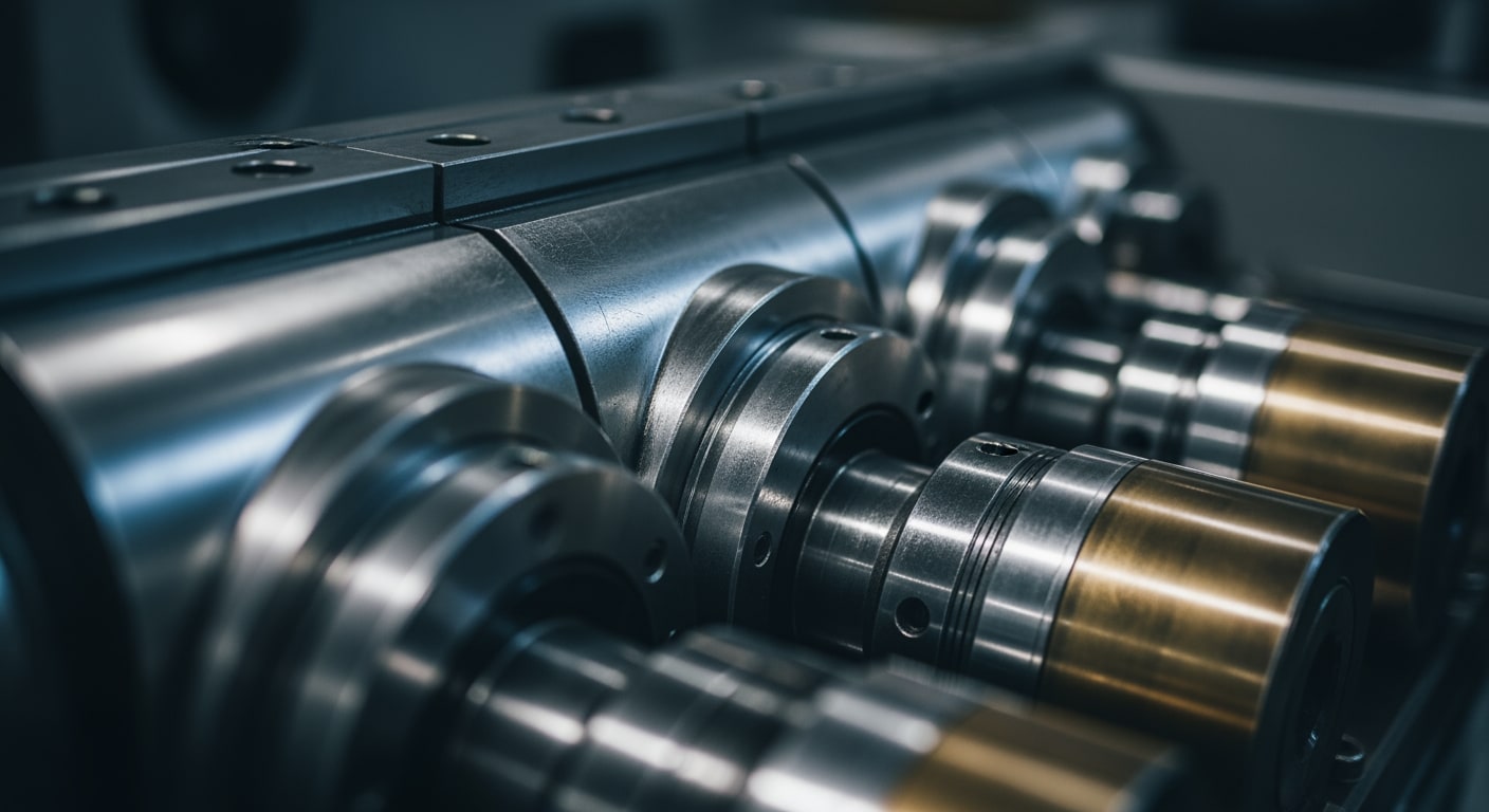 A close-up of intricate, polished metallic components within specialized Dutch industrial machinery, reflecting ambient 