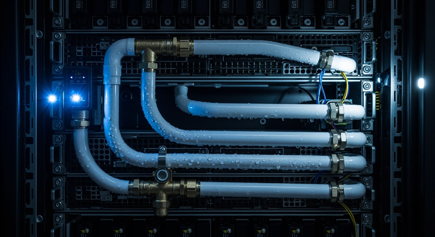 A close-up view of intricate liquid cooling pipes running through a server rack, with subtle condensation.