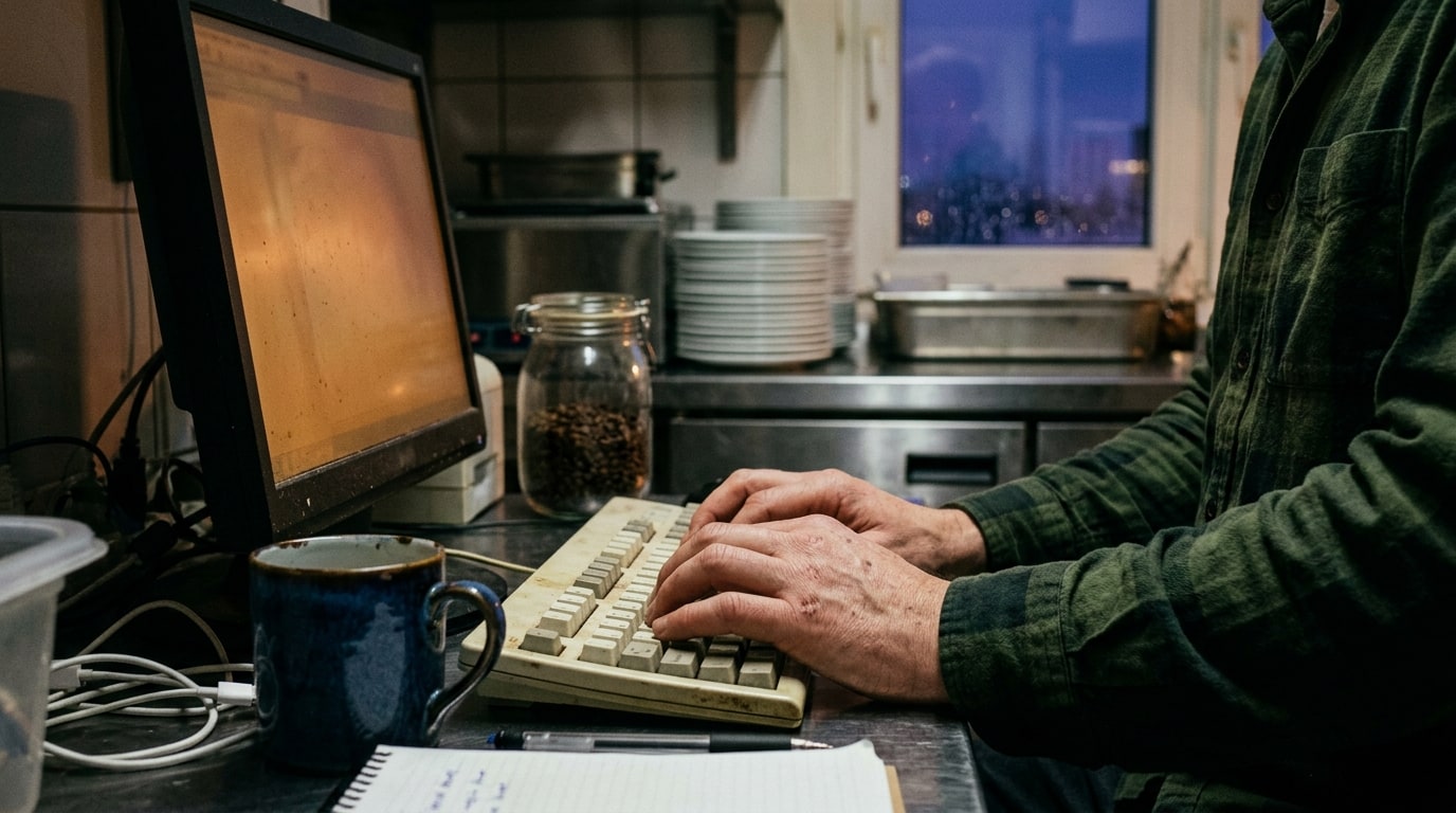 Craft-hands-in-action close-up: a horeca owner's hands at a small desktop workstation late at night updating a café's Go