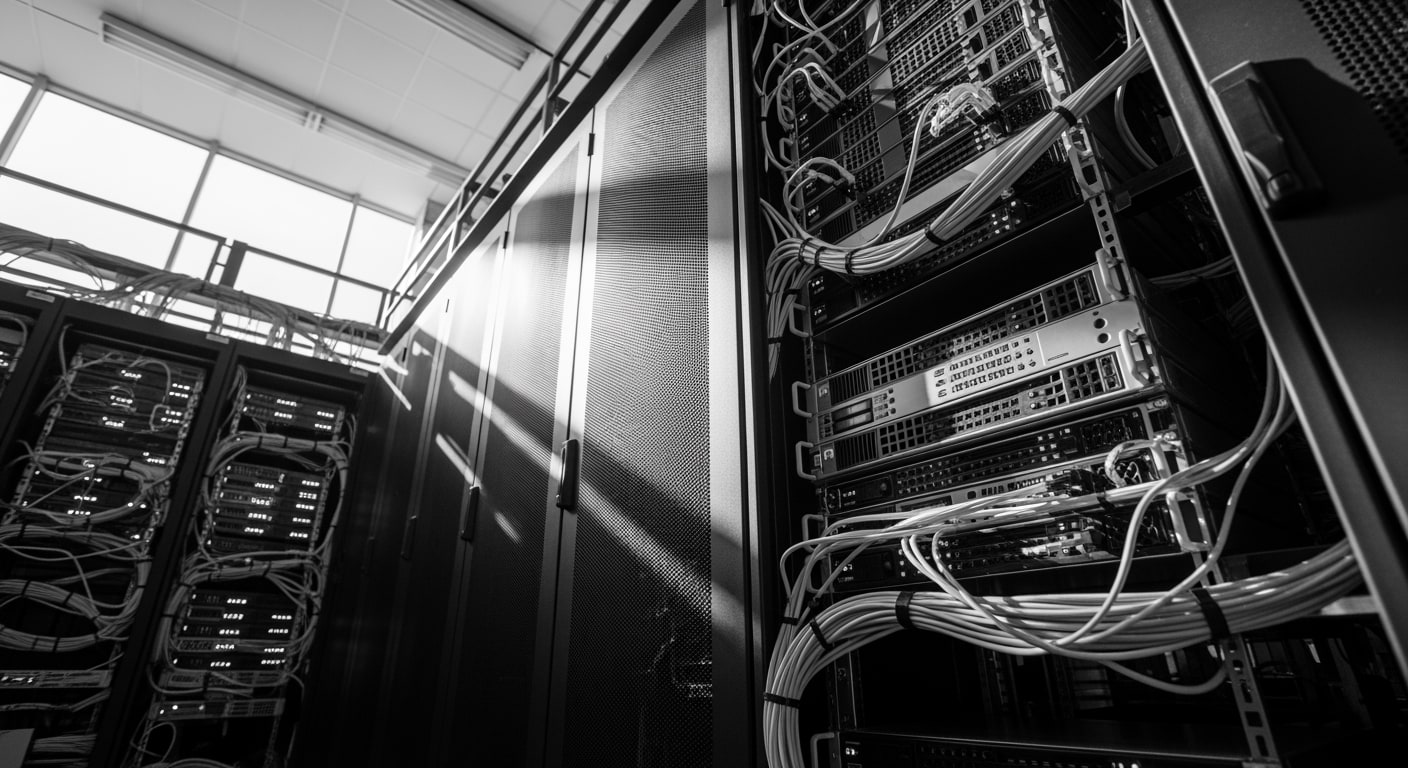 A low-angle view of towering, structured server racks within a modern data center, bathed in natural light.