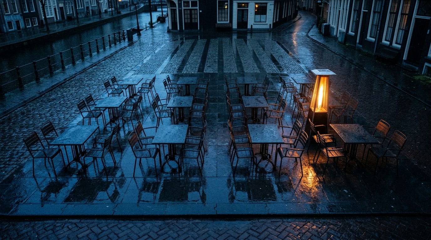 Overhead documentary view of a rain-wet Amsterdam café terrace at blue dusk seen from above, empty metal tables and chai