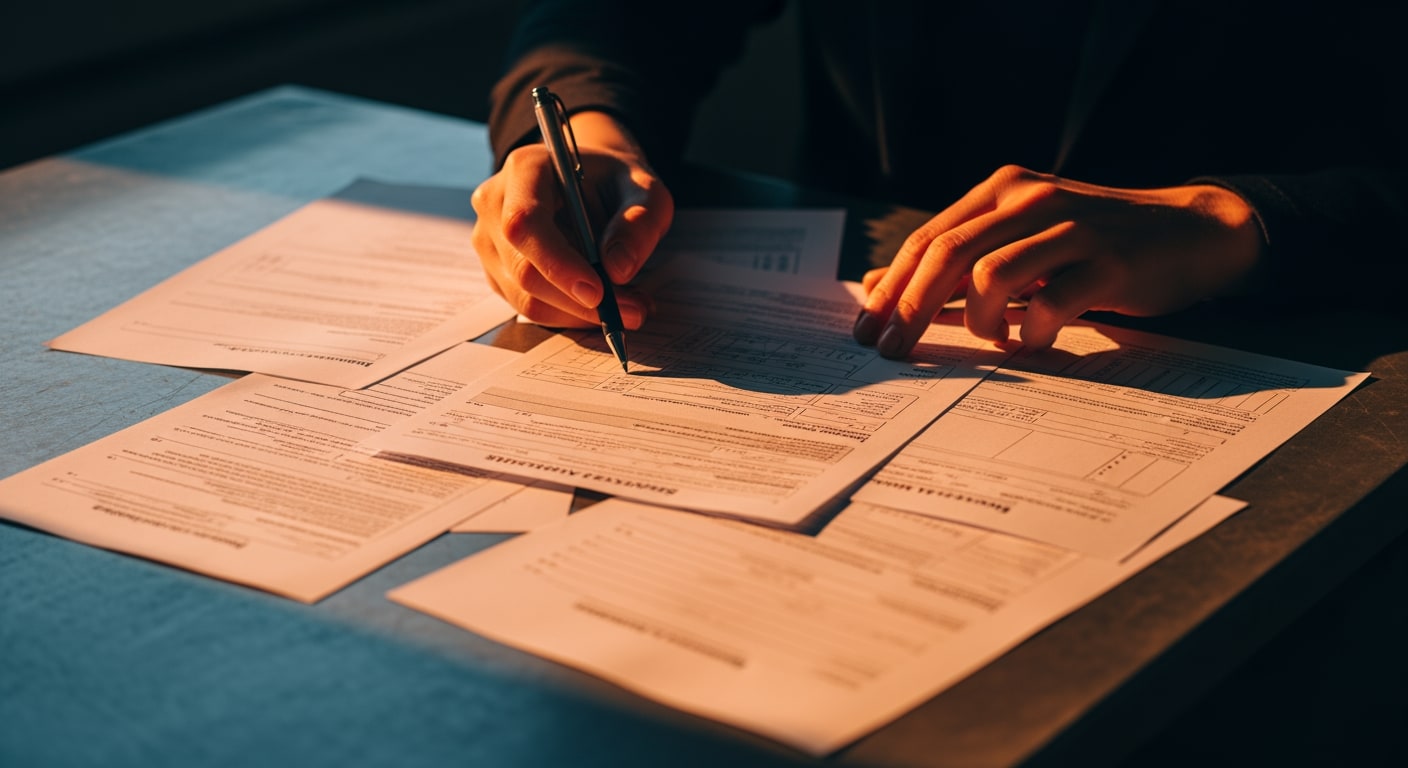 Mid-shot of a recruiter's hands actively sorting and annotating a spread of paper skill-assessment forms on a worn metal