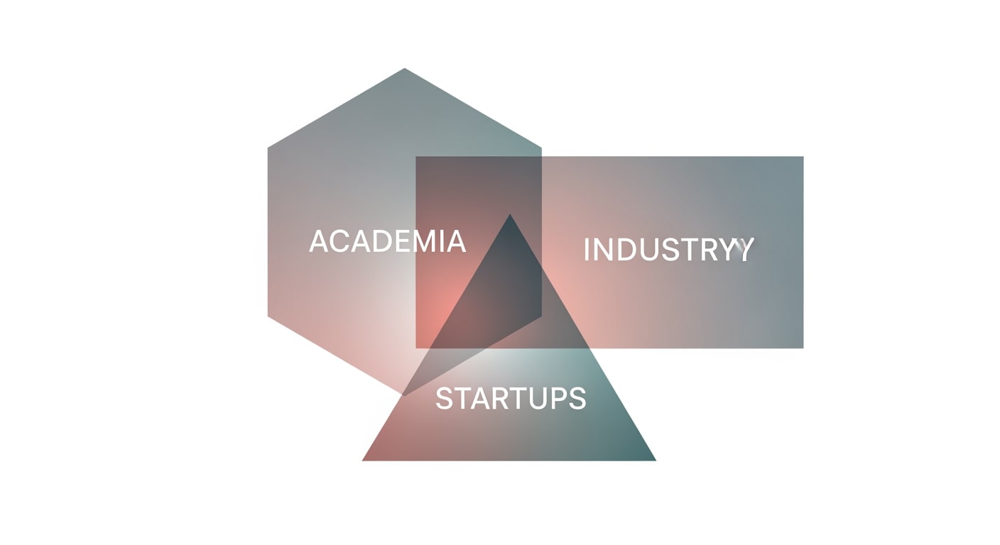 Minimalist illustration of layered transparent geometric shapes representing different professional communities—academia