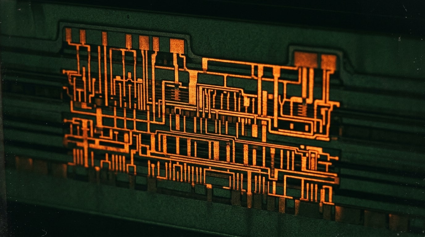 A close cinematic view of a 3D stacked semiconductor wafer under soft X-ray illumination: layered nano-scale silicon tow