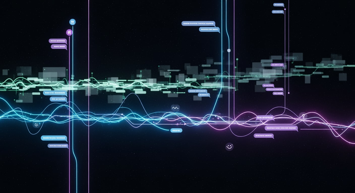 Layered digital interface showing automated customer service workflows in motion: conversation threads, task queues, and