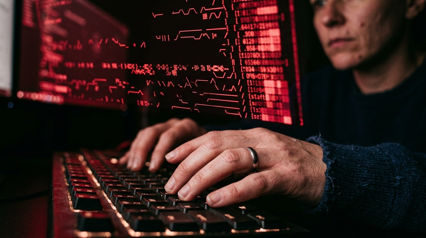 Close cinematic detail of a police analyst's hands moving across a backlit keyboard as a flood of public-tip notificatio