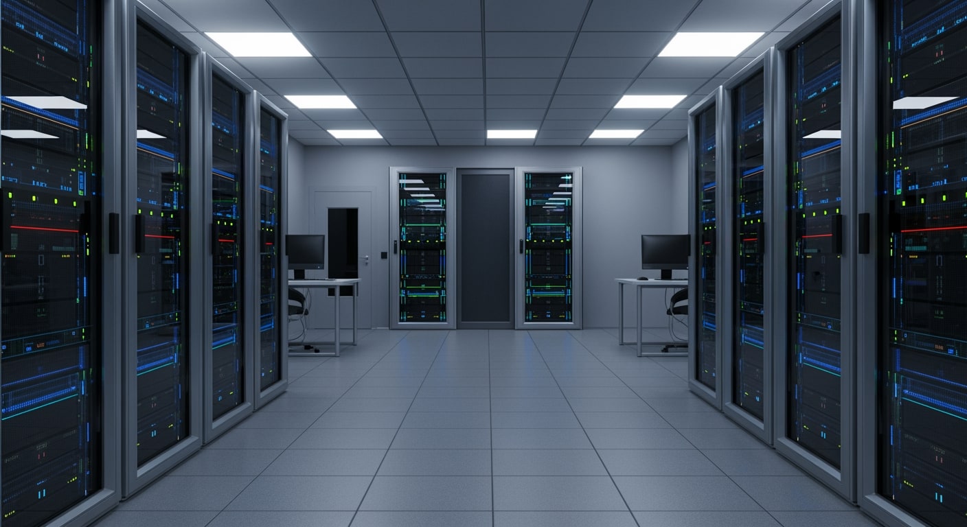 Wide shot of a clean, brightly lit server room aisle with multiple rows of identical equipment racks.