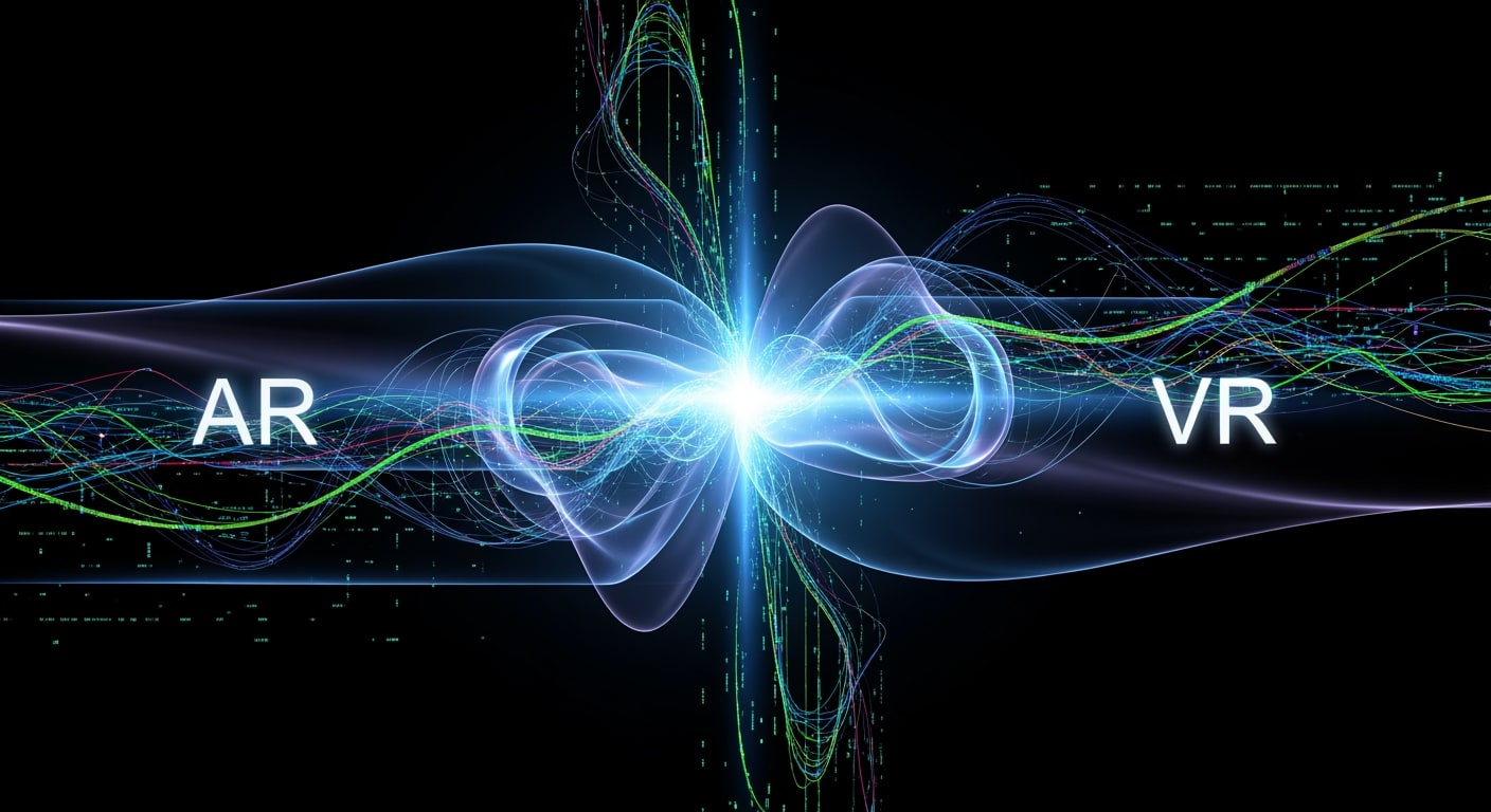 Abstract visualization of AR and VR layers merging with AI data streams, luminous geometric shapes intersecting in dark 