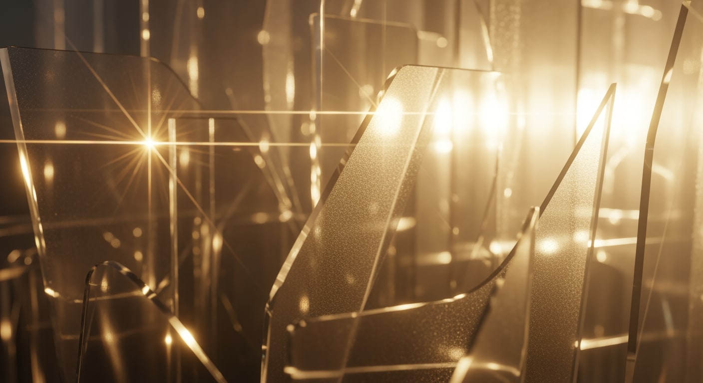 Layered glass or translucent geometric shapes overlapping in soft focus, with golden light refracting through them to sy